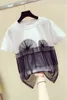 Mesh Irregular Patchwork Cotton Fake Two-Piece Short O Neck T-shirt Female Spring Summer Korean-Style Loose Women Tops 210615