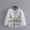 Za Spliced Textured Shirt Women Long Sleeve Frayed Hem Vintage Top Woman Fashion White Summer Blouse Blusas 210602