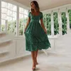 Green dress women floral summer Europe and America square collar puff sleeve black red chic maxi dresses feminina LR794 210531