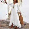 Women White Long Dress 2022 Celmia Bohemian Puff Sleeve Sexy V Neck Ruffled Maxi Dresses Casual Loose Buttons Solid Vestidos Y220214