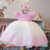 Прекрасное кружевное бальное платье Цветочные платья для девочек для свадьбы 3D аппликации маленькие девочки Pageant платье с короткими рукавами жемчуга первые общинные платья