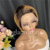 Ombre Pixie Cut Paryk för Svarta Kvinnor 6 tum T-Del Korta Lace Front Bob Wig Human Hair Pre Plocked With Baby Hair Natural Hairline 150% Densitet OT1B / 30 Färg