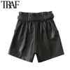 TRAF Dames Chique Mode Met Riem Faux Leren Shorts Vitnage Hoge Taille Rits Vliegenvakken Vrouwelijke Korte Broek Mujer 210724