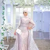 Wdzięku Muzułmańskie Zroszony Koronki Suknie Wieczorowe Bateau Neck Appliqued Długie Rękawy Syrenki Prom Suknie z Hijab Overkirt Sukienka Formalna