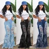 Womens fashion Fringed denim trousers sexy flared jeans pants hole ripped full length leggings pants streetwear Fall plus size Clothing