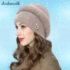 Joshuasilk Cappello d'angora da donna invernale Double Warm Decorazione a strisce tridimensionali Bulky 211228