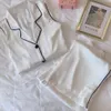 NHKDSASA Pajama Zestawy dla Kobiety Lato 2 Sztuk Biała Koszula Koszulki Koszulki Długie Rękawki Spodnie Homewear Kobiety Piżama Piżama L X0526