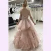 popular element Beaded Tulle Backless Prom Dresses Ruffles Skirt A Line V Neck Sleeveless Evening Gowns with Sheer Neck