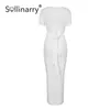 Sollinarry Elegant split solid white pencil dress women belt High street style U-neck dress female short sleeve Vestidos 210709