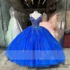 Abiti Quinceanera 2021 Blu Principessa Perline Paillettes Party Prom Formale Scollo a V Appliques Crystal Tulle Ball Gown Lace Up Abiti De 15 Anos Q05