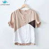 Mannen Casual Hoge Kwaliteit Comfortabel Ademend Gezond Linnen Patchwork Korte Mouw T-shirt Japan Stijl Mannelijke Eenvoudige Chic Tee Top H1218