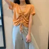 İpli Kısa Kollu Kadınlar Baz Gömlek Collarbone Üst T-shirt Moda Gevşek V Yaka Tasarım Sense C0304