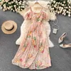 Bohemian Floral Pleated Long Dress Women Sexy Slash Neck Draped Spaghetti Strap Robe Kvinna Casual Chiffon Beach Vestidos Sommar Y0603