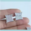 Stud Jewelrystud Hip Hop Men Sier Renk Sidacını Küpe Parlayan CZ Kübik Zirkonya Kare Küpe Vidalı Kadınlar Bling Modaya Mühendik Mücevher1 D