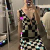 Forefair V Neck Black Knit Women Dress Summer Hollow Out Sleeveless Plaid Print Bodycon Sexy Midi Y2k Dresses Party 2021 Casual Y0726