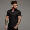 Camisa de camisa de corrida de verão Moda de manga curta Men Super Slim Fit Male Business Dress Men Gym Fitness Sport Clothing9500439