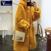 Vangull Women Winter Faux Fur Long Coat Casual Sweet Solid Warm Soft Fur Hooded Jacket Mode Loose Thicken Plus Size Coat 211122