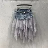 Saias Punk Fashion Lady Malha Emenda Ajustável Fivela Fivela Pocket Street Black Blue Gothic Mulheres Cool Denim Mini Skirt 2021