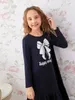 Girls Bow Print Slogan Graphic Smock Dress SHE