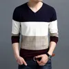 Hommes Pull Mode Col V Printemps Automne Slim Fit Tricot Patchwork Rayé Pull Mâle Casual Jumpers Outwear Pull Complet 211006