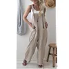 Jumpsuits das Mulheres Macacão Mulheres Jumpsuit Solta Solta Primavera de Algodão Linho Sólido Bolsos Sólidos Macacão Feminino Lareira Perna Calças Calças