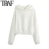 TRAF Femmes Mode Avec Élastique Garnitures Cropped Hoodies Sweats Vintage À Manches Longues Polaire Femme Pulls Chic Tops 201209