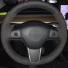 Tesla Model 3 2017 2018 2018 2017 2018에 대한 스티어링 휠에 손으로 바느질 된 자동차 스티어링 휠 커버 스웨이드 암소 가죽 냉각탄