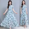 High Quality Summer Arrival Round Collar Short Sleeve Flower Printed Chiffon Long Dress Plus Size 210531