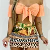 Fashion Women Two-Piece Set BeachWear Knotted Off Shoulder Cropped Top & Tropical Print Mini Bodycon Skirt 220221