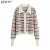 Zevity Women Rainbow Striped Print Hollow Out Crochet Knitted Sweater Coat Female Chic Breasted Jacquard Cardigan Tops SW803 210806