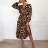 Leopard Dress Donne Donne Chiffon Long Beach Sleeve Sleeve Deep V-Neck A-Line Sexy Party Vestidos de Fiesta 210607
