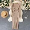 Vintage elegante Sexy cuello bajo clavícula con fugas vestido ajustado cintura cadera elástico tejido vestido femenino Otoño Invierno base vestido Y1204