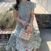 Casual Sukienki Kobiety Luksusowa Niebieska Koronkowa Dress 2021 Wysokiej Jakości Elegancki Wedding Party Robe Femme Vintage Projektant Wieczór Vestidos