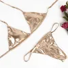 Colyso Micro Bikini The Thong Bikinis Set Halter Laço Up Metallic Color Swimwear Mulheres Empurrar Swimsuit Beach Bathing Suit 210527