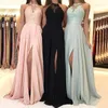 2021 Elegant halter Chiffong Long Bridesmaid Dresses Lace Applique Split Bröllop Gästfest Dress Maint of Honor Dresses