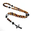 Natural Tiger Eye Stone Catholic Christ Rosary Necklaces For Women Men Hematite Cross Pendant Mala Jewelry 210721