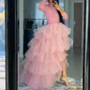 Pretty Nude Pink Ruffles Tiered High Low Tulle Skirts Women Elastic Plus Size Elastic Long Tutu Bridal Skirt Custom Made New 210310