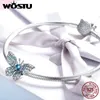 WOSTU 925 стерлингового серебра стерлингового серебра Butterfly Buttern Blue Zircon Charm Fit Original Bracelet подвеска для женских ювелирных аксессуаров CTC061 Q0531