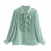 ZA Wzburzyć Szyfonowa Bluzka Kobiety Kołnierz Lapel Kołnierz Z Długim Rękawem Plisowane Koszule Kobieta Chic Front Metal Button Loose Green Top 210602