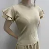 Woherb Summer Höst Stickad Top Short Ruffle Sleeve Sweater Korean Femme Chic Jumper Pullover Kläder Outwear Toppar 210812