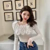 Autumn new design women's sexy 3D flower patchwork slash neck off shoulder knitted bodycon tunic shirt tops tees