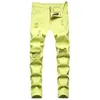 Jeans masculinos fantasia cor de néon y2k denim streetwear slim calças retas buracos rasgados calças verde amarelo rosa