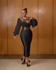 Grande taille Sexy arabe Aso Ebi noir robes de bal perlée col transparent longueur de thé soirée formelle fête deuxième réception robes