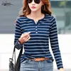 Spring Plus Size V-neck T-Shirt Women Long Sleeve Stripe T Shirt Autumn Casual Fashion Korean Cotton Tee Loose Lady Clothing 210527