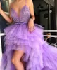 Sexig Backless Lilac High Low Afton Dresses Spaghetti Straps Tiered Tulle En Linje Särskilda tillfällen Klänningar Prom Klänningar för Party Graduation Vestido de Festa 2022