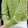 フルーツグリーンシャツ女性長袖サテン秋デザインの気質Vネックシフォンブラウスオフィスレディースファッション作業トップ210604