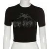 Punk Vintage Pająk Graficzne Czarne Koszulki Mall Goth Y2K O-Neck Krótki Rękaw Crop Topy E-Girl Eesthetics Tees 210623