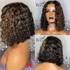 180% Brazilian Short Wig Highlight Colored Curly Bob Pre Plucked Bleached Knots Synthetic Wigs Simulation Human Hair