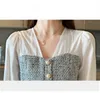 Korean Style Office Lady Tops Fashion V-neck Cardigan Women Spliced Long Sleeve Chiffon Blouse Shirt Feminina Shirt 8110 50 210527