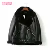 Fur Locomotive Retro with Belt Riding Winter Women's Jacket Long-sleeved Lapel Padded Warm Black Zip Chic Female Coat Tops 211109